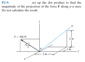 P2-9.
set up the dot product to find the
magnitude of the projection of the force F along a-a axes.
Do not calculate the result.
F= 500 N
2 m
2 m

