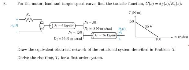 3.
For the motor, load and torque-speed curve, find the transfer function, G(s) = 0L(S)/Ea(s).
T (N-m)
ed(1)
Ra
www
J₁ = 4 kg-m²
N₁ = 50
D₁
N₂ = 150
D₂ = 36 N-m-s/rad
8 N-m-s/rad 0₂(1)
√√₂ = 36 kg-m²
150
50 V
100
w (rad/s)
Draw the equivalent electrical network of the rotational system described in Problem 2.
Derive the rise time, T, for a first-order system.