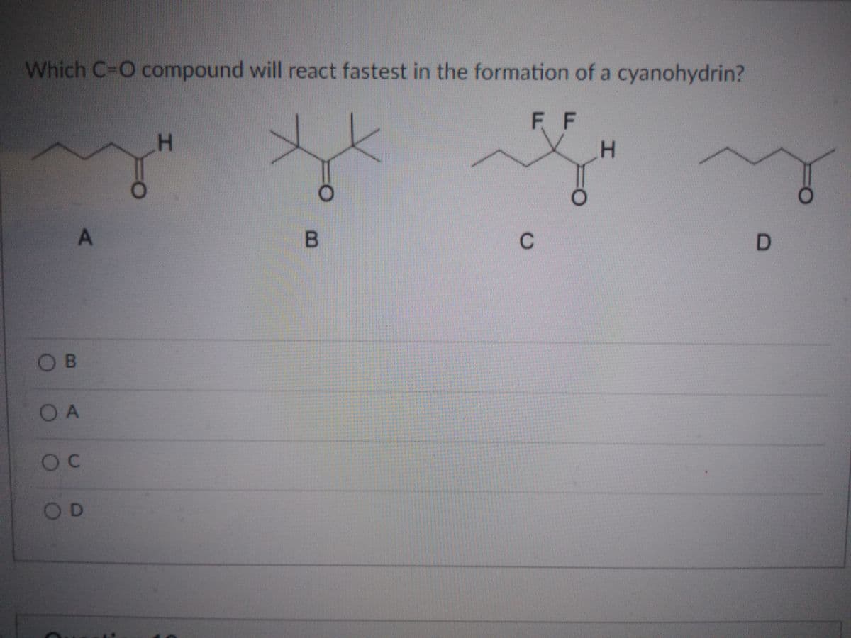 Which C-O compound will react fastest in the formation of a cyanohydrin?
F F
H.
A
B.
OB
OA
OD
