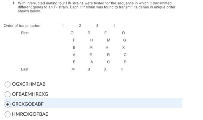 1. With interrupted mating four Hfr strains were tested for the sequence in which it transmitted
different genes to an F- strain. Each Hfr strain was found to transmit its genes in unique order
shown below.
Order of transmission
First
Last
OGXCRHMEAB
OFBAEMHRCXG
GRCXGOEABF
HMRCXGOFBAE
F
B
AE
А
M
M
N
R
H
M
E
A
B
3
E
M
H
R
C
X
G
X
C
R
H