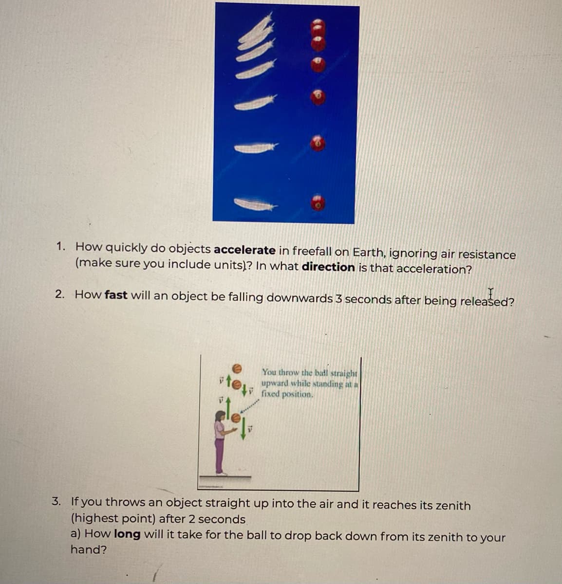 1. How quickly do objects accelerate in freefall on Earth, ignoring air resistance
(make sure you include units)? In what direction is that acceleration?
2. How fast will an object be falling downwards 3 seconds after being released?
ste
You throw the bal straight
upward while standing at a
fixed position.
*******
3. If you throws an object straight up into the air and it reaches its zenith
(highest point) after 2 seconds
a) How long will it take for the ball to drop back down from its zenith to your
hand?
