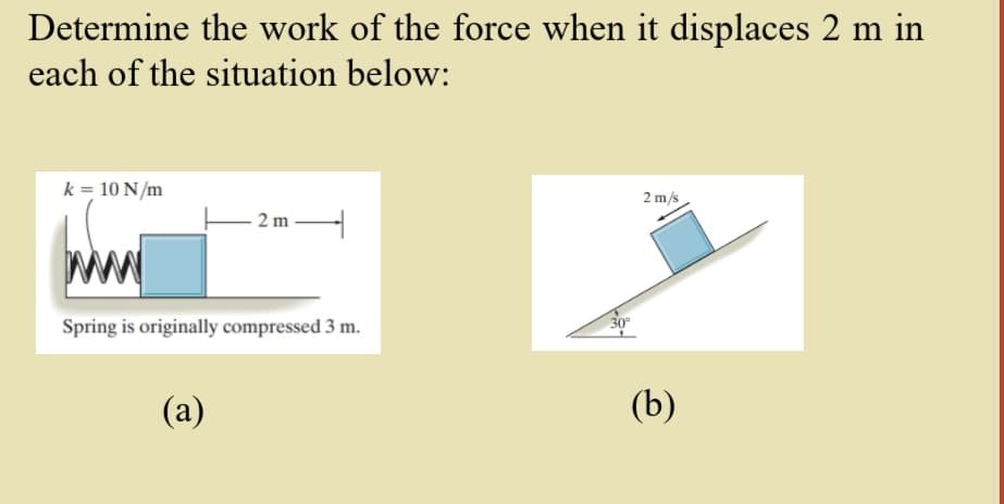 Determine the work of the force when it displaces 2 m in
each of the situation below:
k = 10 N/m
2 m/s
- 2 m
Spring is originally compressed 3 m.
30
(a)
(b)
