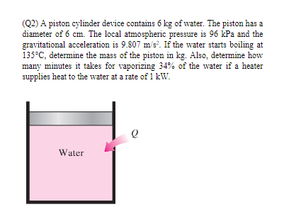 (Q2) A piston cylinder device contains 6 kg of water. The piston has a
diameter of 6 cm. The local atmospheric pressure is 96 kPa and the
gravitational acceleration is 9.807 m/s. If the water starts boiling at
135°C, determine the mass of the piston in kg. Also, determine how
many minutes it takes for vaporizing 34% of the water if a heater
supplies heat to the water at a rate of 1 kW.
Water
