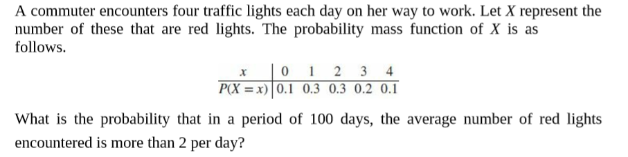 A commuter encounters four traffic lights each day on her way to work. Let X represent the
number of these that are red lights. The probability mass function of X is as
follows.
0 1 2 3 4
P(X = x) 0.1 0.3 0.3 0.2 0.1
What is the probability that in a period of 100 days, the average number of red lights
encountered is more than
2 per day?

