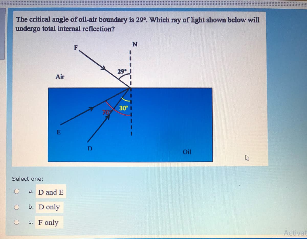 The critical angle of oil-air boundary is 29°. Which ray of light shown below will
undergo total internal reflection?
F
29
Air
30
709
E
Oil
Select one:
a. D and E
b. D only
c. F only
Activat
