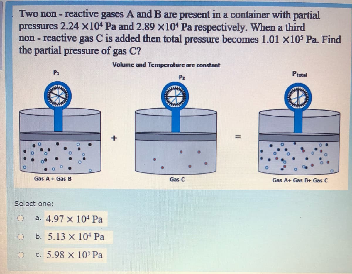 Two non - reactive gases A and B are present in a container with partial
pressures 2.24 X104 Pa and 2.89 x104 Pa respectively. When a third
non - reactive gas C is added then total pressure becomes 1.01 x10' Pa. Find
the partial pressure of gas C?
Volume and Temperature are constant
P1
Ptotal
P2
Gas A + Gas B
Gas C
Gas A+ Gas B+ Gas C
Select one:
a. 4.97 x 104 Pa
b. 5.13 x 104 Pa
c. 5.98 x 105 Pa
II
