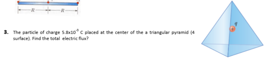 +R-
3. The particle of charge 5.8x10° C placed at the center of the a triangular pyramid (4
surface). Find the total electric flux?
