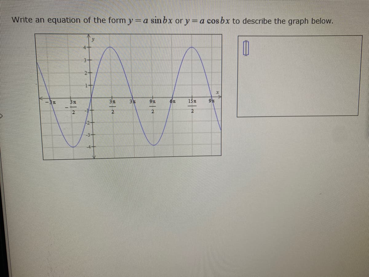 Write an equation of the form y=a sin bx or y=a cos bx to describe the graph below.
4.
2-
9x
42
-3+
4-
