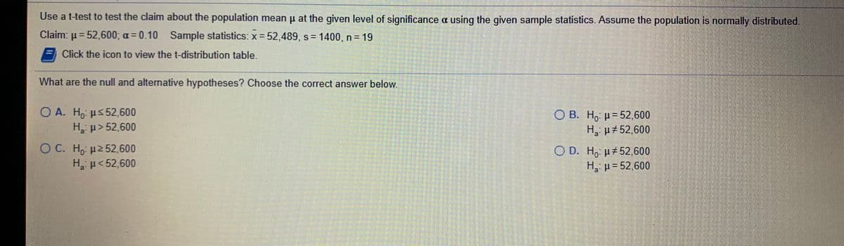 Use a t-test to test the claim about the population mean u at the given level of significance a using the given sample statistics. Assume the population is normally distributed.
Claim: p= 52,600; a=0.10 Sample statistics: x= 52,489, s = 1400, n = 19
Click the icon to view the t-distribution table.
What are the null and alternative hypotheses? Choose the correct answer below.
O A. Ho us 52,600
H p>52,600
O B. H, p= 52,600
H, p 52,600
a.
OC. H, u2 52,600
H p<52,600
O D. H, p 52,600
H, µ= 52,600
