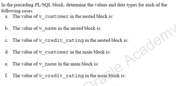 In the preceding PL/SQL block, determine the values and data types for each of the
following cases.
a. The value of v_customer in the nested block is:
b. The value of v_name in the nested block is:
c. The value of v_credit_rating in the nested block is:
d. The value of v_customer in the main block is:
e. The value of v_name in the main block is:
f. The value of v_credit_rating in the main block is:
de Academy
