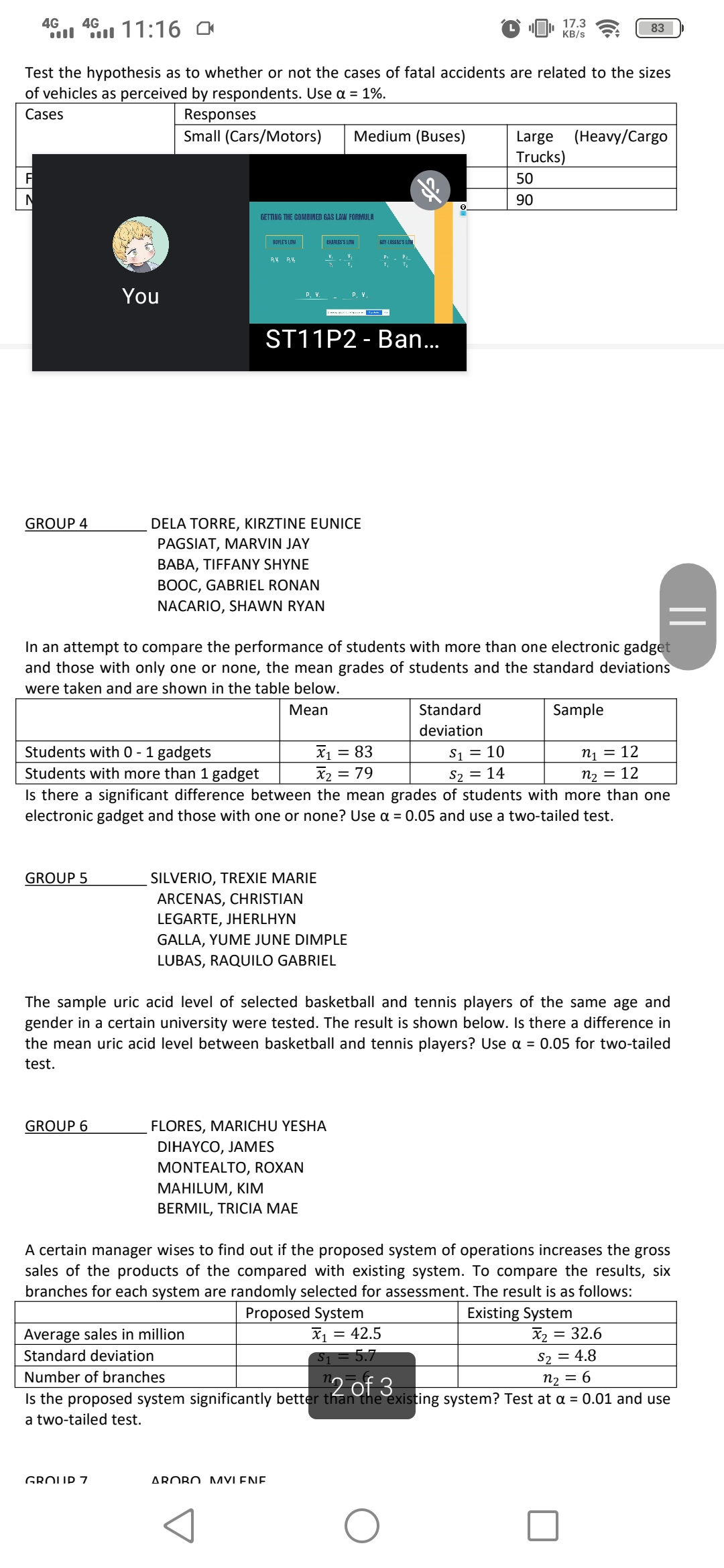 4G
l l 11:16 a
4G
"O, 17.3
83
KB/s
Test the hypothesis as to whether or not the cases of fatal accidents are related to the sizes
of vehicles as perceived by respondents. Use a = 1%.
Cases
Responses
Small (Cars/Motors)
Medium (Buses)
Large
(Heavy/Cargo
Trucks)
50
N
90
GETTING THE COMBINED GAS LAW FORMULA
BOYLES LOW
CHARLES'S LITN
GY-LUSSIC'S LM
You
P, V.
-- - -
ST11P2 - Ban...
GROUP 4
DELA TORRE, KIRZTINE EUNICE
PAGSIAT, MARVIN JAY
BABA, TIFFANY SHYNE
BOOC, GABRIEL RONAN
NACARIO, SHAWN RYAN
In an attempt to compare the performance of students with more than one electronic gadget
and those with only one or none, the mean grades of students and the standard deviations
were taken and are shown in the table below.
Мean
Standard
Sample
deviation
X1 = 83
X2 = 79
Is there a significant difference between the mean grades of students with more than one
electronic gadget and those with one or none? Use a = 0.05 and use a two-tailed test.
Students with 0 - 1 gadgets
Students with more than 1 gadget
S1 = 10
S2 = 14
n1 = 12
n2 = 12
GROUP 5
SILVERIO, TREXIE MARIE
ARCENAS, CHRISTIAN
LEGARTE, JHERLHYN
GALLA, YUME JUNE DIMPLE
LUBAS, RAQUILO GABRIEL
The sample uric acid level of selected basketball and tennis players of the same age and
gender in a certain university were tested. The result is shown below. Is there a difference in
the mean uric acid level between basketball and tennis players? Use a = 0.05 for two-tailed
test.
GROUP 6
FLORES, MARICHU YESHA
DIHAYCO, JAMES
MONTEALTO, ROXAN
МАHILUM, KIм
BERMIL, TRICIA MAE
A certain manager wises to find out if the proposed system of operations increases the gross
sales of the products of the compared with existing system. To compare the results, six
branches for each system are randomly selected for assessment. The result is as follows:
Proposed System
X1 = 42.5
S1 = 5.7
Existing System
Average sales in million
X2 = 32.6
Standard deviation
S2 = 4.8
Number of branches
n2 = 6
2 of 3
Is the proposed system significantly better than the existing system? Test at a = 0.01 and use
a two-tailed test.
GROUP 7
AROBO. MVLENE.
||
