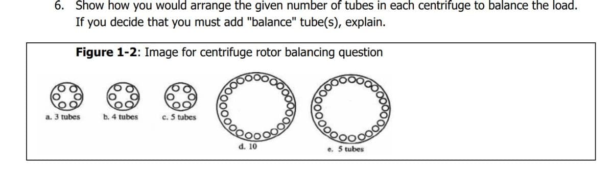 6. Show how you would arrange the given number of tubes in each centrifuge to balance the load.
If you decide that you must add "balance" tube(s), explain.
Figure 1-2: Image for centrifuge rotor balancing question
a. 3 tubes
b. 4 tubes
c. 5 tubes
d. 10
e. 5 tubes

