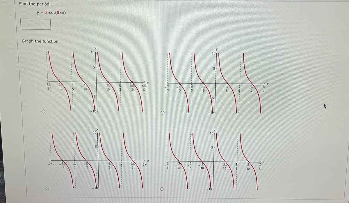 Find the period.
y = 3 cot (5xx)
Graph the function.
10
10
LA
5
htt
4
10 S 10
5
ht
2m
1
J
10
5
10
5
10
10
1