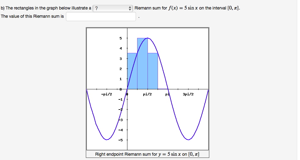 b) The rectangles in the graph below illustrate a ?
Riemann sum for f(x) = 5 sin x on the interval [0, x].
The value of this Riemann sum is
5
3.
2
-pi/2
pi/2
Зрi/2
-1
+-3
-4
-5
