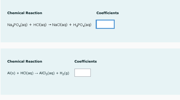 Chemical Reaction
Coefficients
Na,PO,(aq) + HCI(aq) → NacI(aq) + H,PO,(aq)
Chemical Reaction
Coefficients
Al(s) + HCI(aq) -→ AICI3(aq) + H2(g)
