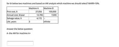 for th below two machines and based on AW analysis which machine we should select MARR-10
Machine A
Macne
Frst cost.
Anmual cost, year
Salvage valun,
Le years
27.056
100.000
7.000
12.76
4172
deite
Answer the below question
A the AW for machine A
