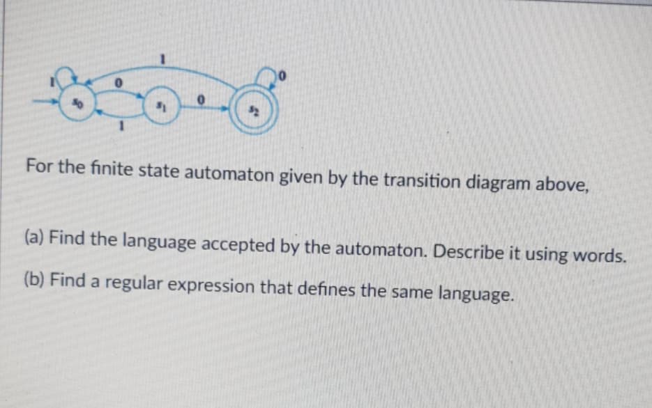 51
For the finite state automaton given by the transition diagram above,
(a) Find the language accepted by the automaton. Describe it using words.
(b) Find a regular expression that defines the same language.
