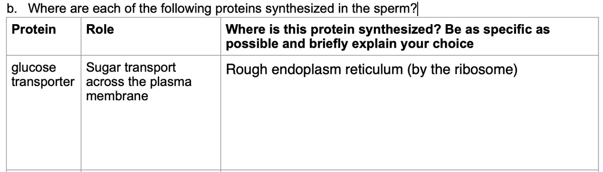 b. Where are each of the following proteins synthesized in the sperm?|
Protein
Role
Where is this protein synthesized? Be as specific as
possible and briefly explain your choice
glucose
Sugar transport
transporter across the plasma
membrane
Rough endoplasm reticulum (by the ribosome)
