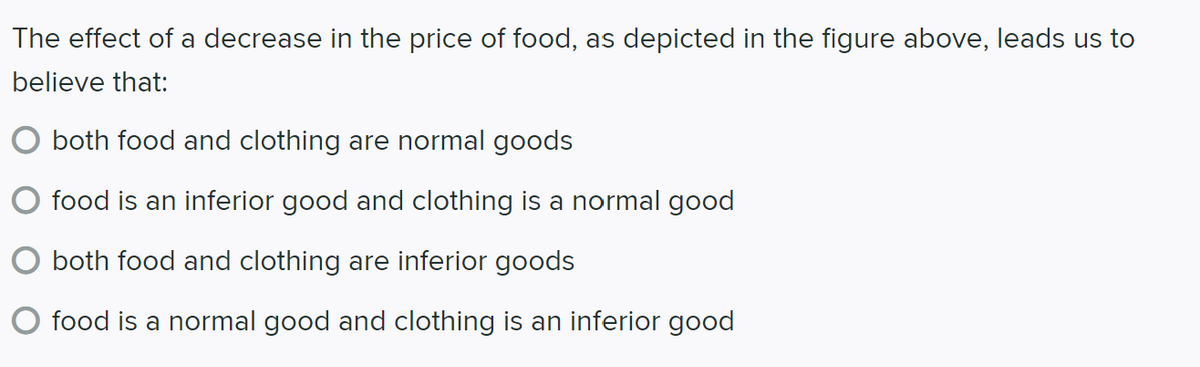 The effect of a decrease in the price of food, as depicted in the figure above, leads us to
believe that:
both food and clothing are normal goods
O food is an inferior good and clothing is a normal good
O both food and clothing are inferior goods
O food is a normal good and clothing is an inferior good
