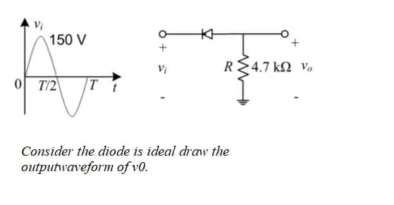 Vi
本
150 V
R<4.7 kΩ νο
0 T/2
T
Consider the diode is ideal draw the
outputwaveform of v0.
