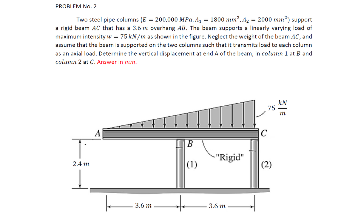 PROBLEM No. 2
= 2000 mm²) support
— 200,000 MРа, A1 — 1800 тт*, Аz :
a rigid beam AC that has a 3.6 m overhang AB. The beam supports a linearly varying load of
Two steel pipe columns (E
maximum intensity w = 75 kN/m as shown in the figure. Neglect the weight of the beam AC, and
assume that the beam is supported on the two columns such that it transmits load to each column
as an axial load. Determine the vertical displacement at end A of the beam, in column 1 at B and
column 2 at C. Answer in mm.
kN
75
m
A
C
B
-"Rigid"
|(1)
2.4 m
(2)
3.6 m
3.6 m
