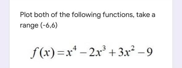 Plot both of the following functions, take a
range (-6,6)
f (x)=x* – 2x° +3x² – 9
