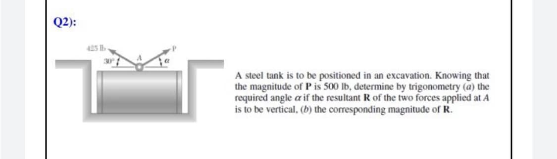 Q2):
425 lb
A steel tank is to be positioned in an excavation. Knowing that
the magnitude of P is 500 lb, determine by trigonometry (a) the
required angle a if the resultant R of the two forces applied at A
is to be vertical, (b) the corresponding magnitude of R.
