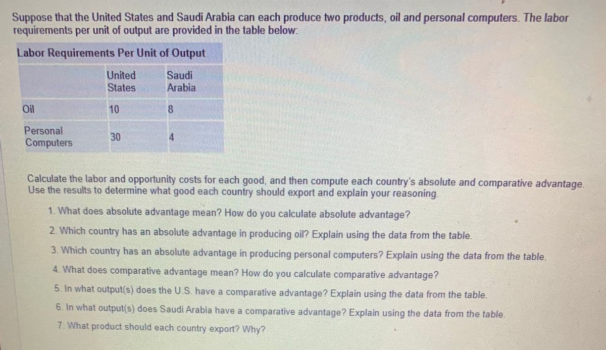 Suppose that the United States and Saudi Arabia can each produce two products, oil and personal computers. The labor
requirements per unit of output are provided in the table below:
Labor Requirements Per Unit of Output
Oil
Personal
Computers
United
States
10
30
Saudi
Arabia
8
4
Calculate the labor and opportunity costs for each good, and then compute each country's absolute and comparative advantage.
Use the results to determine what good each country should export and explain your reasoning.
1. What does absolute advantage mean? How do you calculate absolute advantage?
2. Which country has an absolute advantage in producing oil? Explain using the data from the table.
3. Which country has an absolute advantage in producing personal computers? Explain using the data from the table.
4. What does comparative advantage mean? How do you calculate comparative advantage?
5. In what output(s) does the U.S. have a comparative advantage? Explain using the data from the table.
6. In what output(s) does Saudi Arabia have a comparative advantage? Explain using the data from the table.
7. What product should each country export? Why?