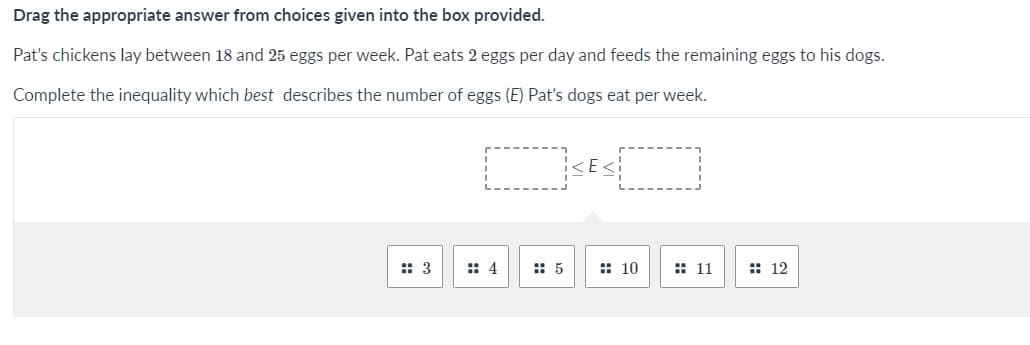 Drag the appropriate answer from choices given into the box provided.
Pat's chickens lay between 18 and 25 eggs per week. Pat eats 2 eggs per day and feeds the remaining eggs to his dogs.
Complete the inequality which best describes the number of eggs (E) Pat's dogs eat per week.
:: 3
:: 4
:: 5
:: 10
:: 11
:: 12
