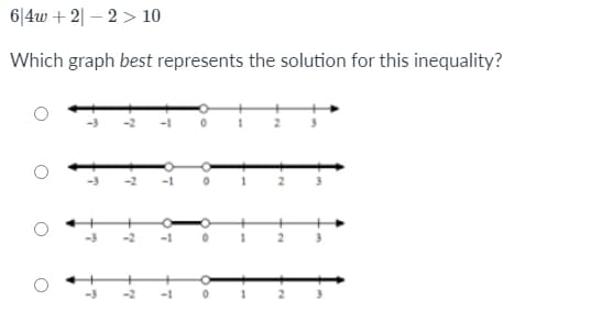 6|4w + 2| – 2 > 10
Which graph best represents the solution for this inequality?
-3
-2
-1
