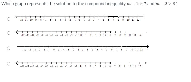 Which graph represents the solution to the compound inequality m – 1<7 and m + 2 > 8?
-12 -11 -10 -9 -3
-1 0
1
2
4
5
6
10 11 12
+
-12 -11 -10 -9 -8 -7 -6
-4 -3 -2 -1 0
1
6 7
10 11 12
-12 -11 -10 -9 -8 -7 -6 -5 4 -3 -2 -1 0
1
2
4
5
6
10 11 12
++>
-12 -11 -10 -9 -8 -7 -6
-3 -2 -1 0
1
2
4
5
6 7
9 10 11 12
