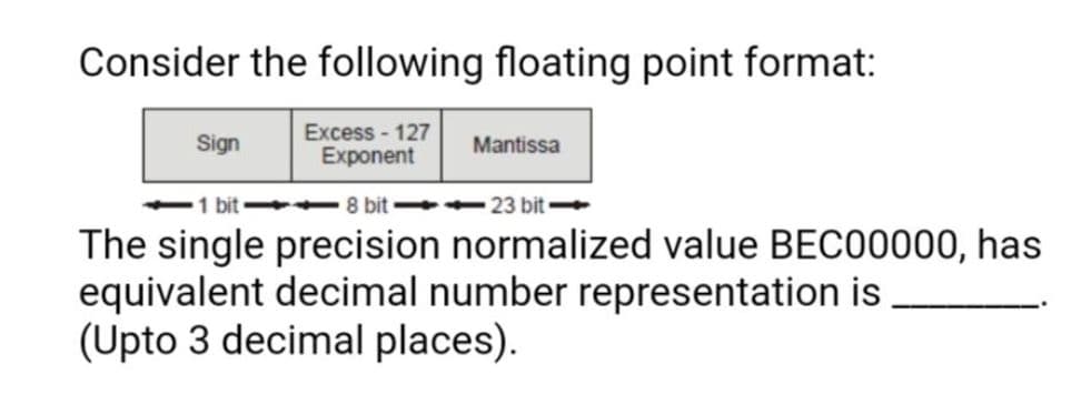 Consider the following floating point format:
Excess - 127
Exponent
Sign
Mantissa
1 bit
8 bit -
23 bit
The single precision normalized value BEC00000, has
equivalent decimal number representation is
(Upto 3 decimal places).
