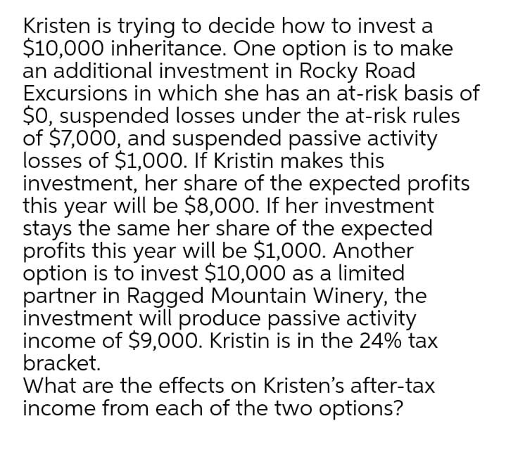 Kristen is trying to decide how to invest a
$10,000 inheritance. One option is to make
an additional investment in Rocky Road
Excursions in which she has an at-risk basis of
$0, suspended losses under the at-risk rules
of $7,000, and suspended passive activity
losses of $1,000. If Kristin makes this
investment, her share of the expected profits
this year will be $8,000. If her investment
stays the same her share of the expected
profits this year will be $1,000. Another
option is to invest $10,000 as a limited
partner in Ragged Mountain Winery, the
investment will produce passive activity
income of $9,000. Kristin is in the 24% tax
bracket.
What are the effects on Kristen's after-tax
income from each of the two options?
