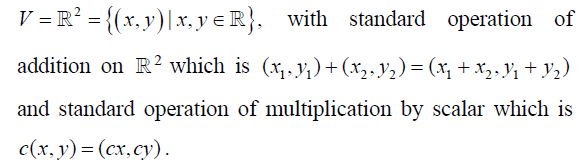 V = R' = {(x.y)|x, y e R}, with standard operation of
addition on R² which is (x,.y,)+(x,, y2) = (x1 + x,, V1 + Y2)
and standard operation of multiplication by scalar which is
c(x, y) = (cx,cy).
