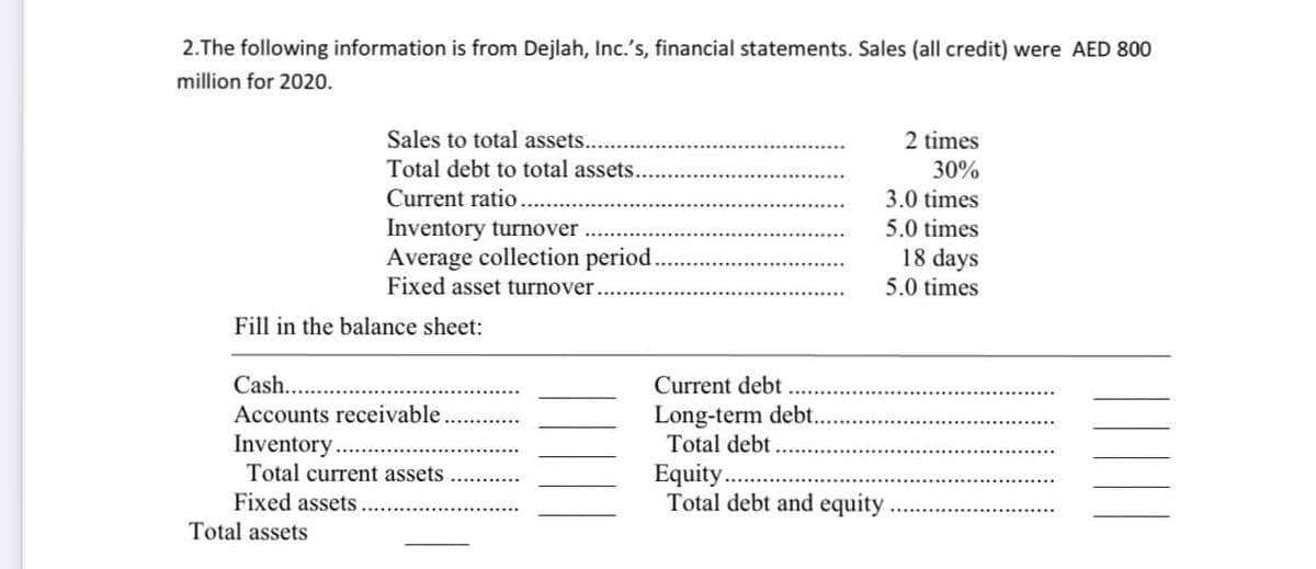 2.The following information is from Dejlah, Inc.'s, financial statements. Sales (all credit) were AED 800
million for 2020.
Sales to total assets.
2 times
Total debt to total assets.
30%
Current ratio.
3.0 times
Inventory turnover
Average collection period.
Fixed asset turnover.
5.0 times
18 days
5.0 times
Fill in the balance sheet:
Cash..
Current debt
Long-term debt.
Total debt.
Accounts receivable
Inventory.
Total current assets
Fixed assets
Total assets
Equity.
Total debt and equity
