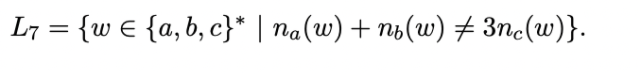 L7 = {w € {a, b, c}* | Na(w) + nb(w) # 3nc(w)}.
%3D
