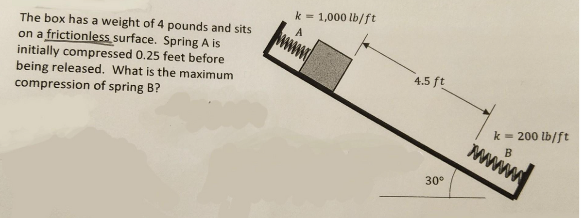 The box has a weight of 4 pounds and sits
on a frictionless surface. Spring A is
initially compressed 0.25 feet before
being released. What is the maximum
compression of spring B?
k = 1,000 lb/ft
A
4.5 ft
30°
k = 200 lb/ft
B
www