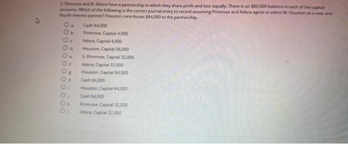 S. Primrose and B. Adora have a partnership in which they share profit and loss equally. There is an $80,000 balance in each of the capital
accounts. Which of the following is the correct journal entry to record assuming Primrose and Adora agree to admit M. Houston as a new one-
fourth interest partner? Houston contributes $64,000 to the partnership.
Ob
C
d
0000000
OC
.
k
Cash 64,000
Primrose, Capital 4,000
Adora, Capital 4,000
Houston, Capital 56,000
5. Primrose, Capital 32,000
Adora, Capital 32,000
Houston, Capital 64,000
Cash 64,000
Houston, Capital 64,000
Cash 64,000
Primrose, Capital 32,000
Adora, Capital 32,000