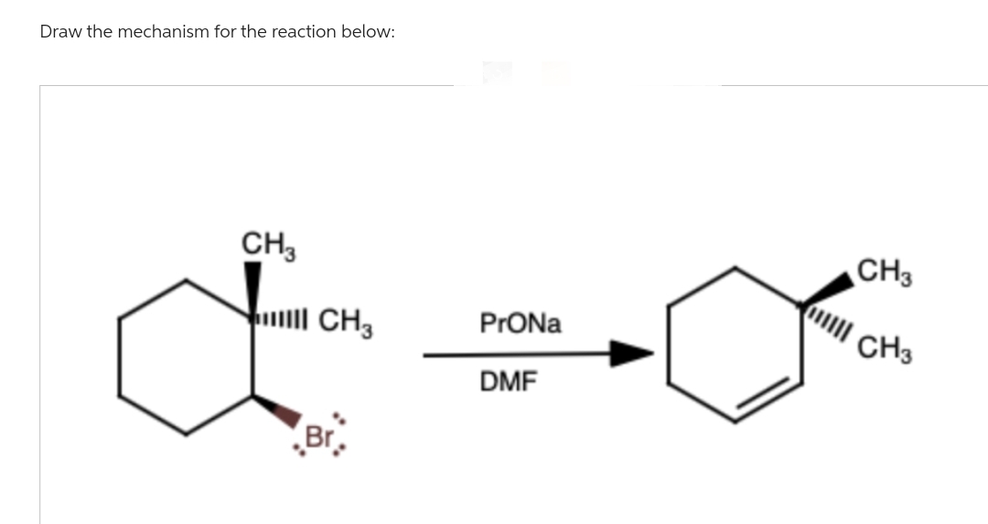 Draw the mechanism for the reaction below:
CH3
CH3
Br
ProNa
DMF
CH3
CH3