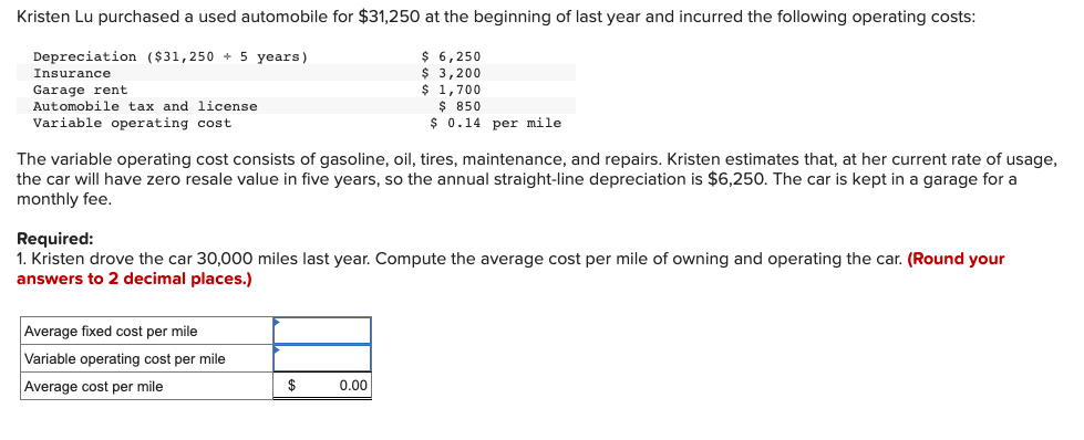 Kristen Lu purchased a used automobile for $31,250 at the beginning of last year and incurred the following operating costs:
Depreciation ($31,250+ 5 years)
$ 6,250
$3,200
Insurance
Garage rent
$ 1,700
Automobile tax and license
Variable operating cost
The variable operating cost consists of gasoline, oil, tires, maintenance, and repairs. Kristen estimates that, at her current rate of usage,
the car will have zero resale value in five years, so the annual straight-line depreciation is $6,250. The car is kept in a garage for a
monthly fee.
Required:
1. Kristen drove the car 30,000 miles last year. Compute the average cost per mile of owning and operating the car. (Round your
answers to 2 decimal places.)
Average fixed cost per mile
Variable operating cost per mile
Average cost per mile
$ 850
$ 0.14 per mile
$
0.00