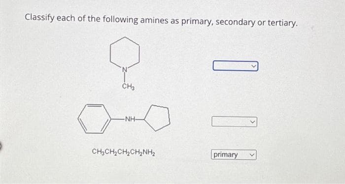 Classify each of the following amines as primary, secondary or tertiary.
CH3
-NH-
CHỊCH,CH, CHINH,
primary