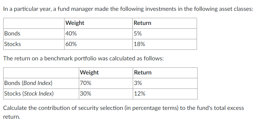 In a particular year, a fund manager made the following investments in the following asset classes:
Weight
40%
60%
Bonds
Stocks
Return
5%
18%
The return on a benchmark portfolio was calculated as follows:
Weight
70%
30%
Bonds (Bond Index)
Stocks (Stock Index)
Return
3%
12%
Calculate the contribution of security selection (in percentage terms) to the fund's total excess
return.