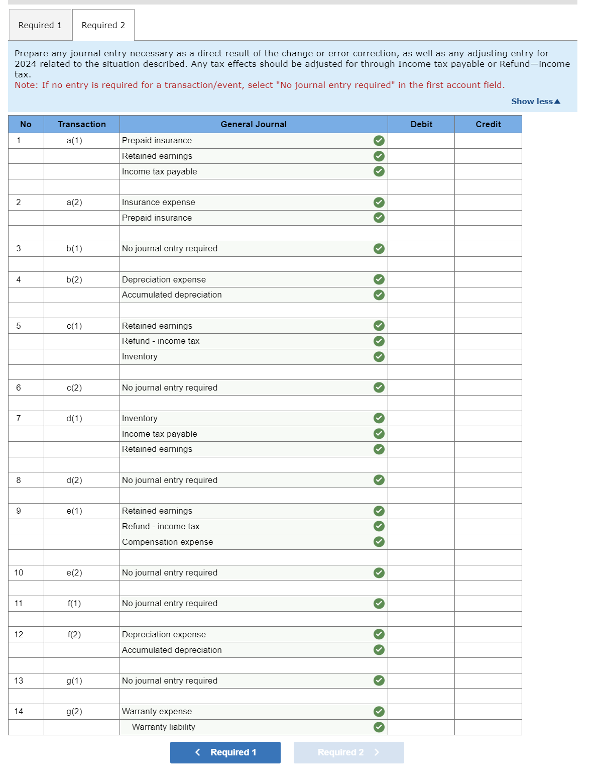 Required 1 Required 2
Prepare any journal entry necessary as a direct result of the change or error correction, as well as any adjusting entry for
2024 related to the situation described. Any tax effects should be adjusted for through Income tax payable or Refund-income
tax.
Note: If no entry is required for a transaction/event, select "No journal entry required" in the first account field.
No
1
2
3
4
5
6
7
8
9
10
11
12
13
14
Transaction
a(1)
a(2)
b(1)
b(2)
c(1)
c(2)
d(1)
d(2)
e(1)
e(2)
f(1)
f(2)
g(1)
g(2)
Prepaid insurance
Retained earnings
Income tax payable
Insurance expense
Prepaid insurance
No journal entry required
Depreciation expense
Accumulated depreciation
Retained earnings
Refund - income tax
Inventory
No journal entry required
Inventory
Income tax payable
Retained earnings
No journal entry required
Retained earnings
Refund - income tax
Compensation expense
No journal entry required
No journal entry required
General Journal
Depreciation expense
Accumulated depreciation
No journal entry required
Warranty expense
Warranty liability
< Required 1
3
Required 2 >
Debit
Credit
Show less