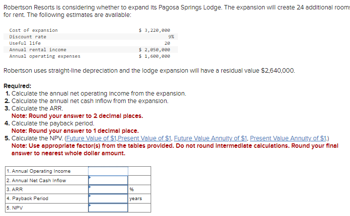Robertson Resorts is considering whether to expand its Pagosa Springs Lodge. The expansion will create 24 additional room
for rent. The following estimates are available:
Cost of expansion
Discount rate
Useful life
Annual rental income
Annual operating expenses
Robertson uses straight-line depreciation and the lodge expansion will have a residual value $2,640,000.
Required:
1. Calculate the annual net operating income from the expansion.
2. Calculate the annual net cash Inflow from the expansion.
3. Calculate the ARR.
$ 3,220,000
Note: Round your answer to 2 decimal places.
4. Calculate the payback period.
1. Annual Operating Income
2. Annual Net Cash Inflow
3. ARR
4. Payback Period
5. NPV
%6
9%
$ 2,050,000
$ 1,600,000
Note: Round your answer to 1 decimal place.
5. Calculate the NPV. (Future Value of $1,Present Value of $1, Future Value Annulty of $1, Present Value Annuity of $1.)
Note: Use appropriate factor(s) from the tables provided. Do not round Intermediate calculations. Round your final
answer to nearest whole dollar amount.
20
years