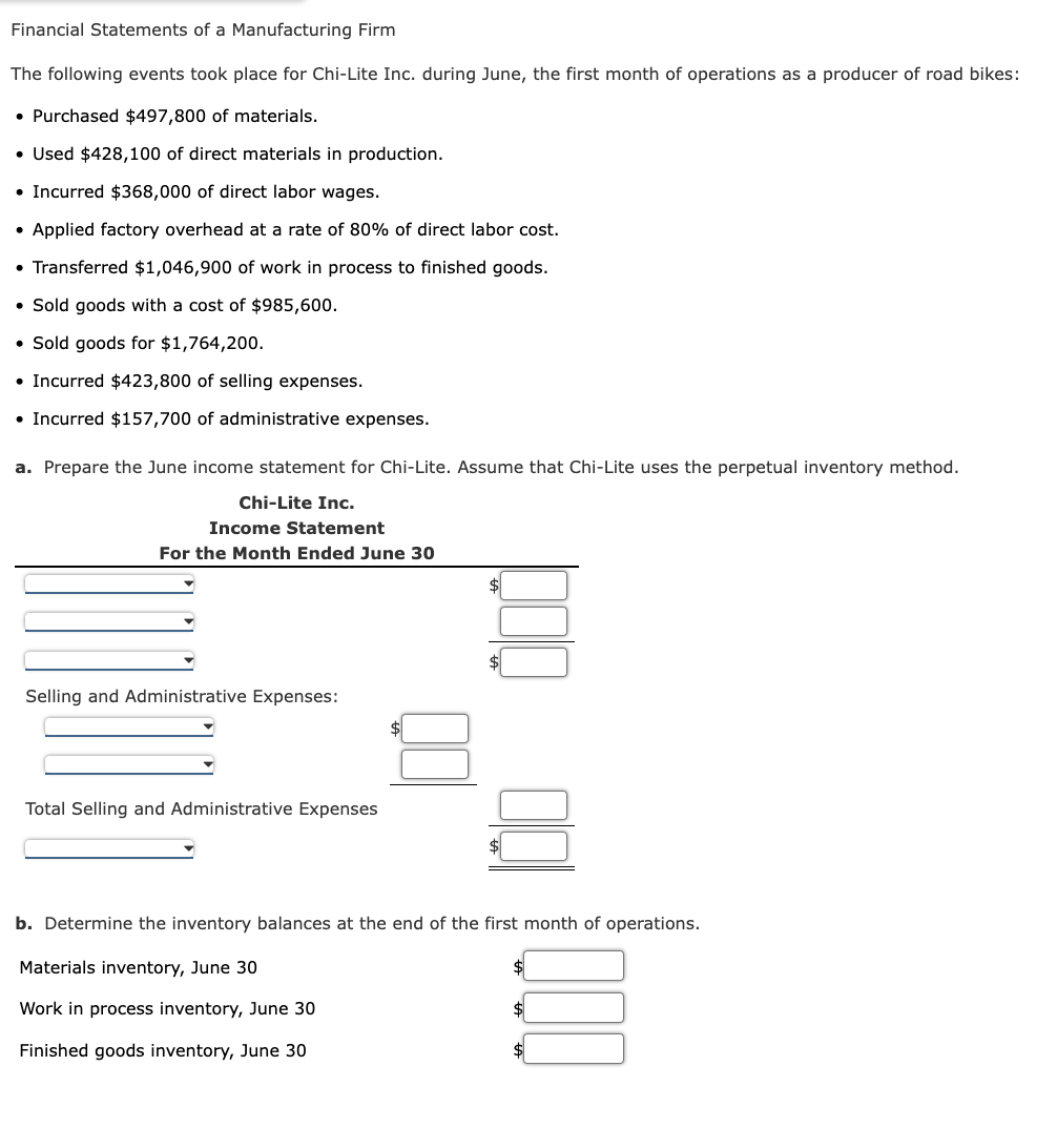 Financial Statements of a Manufacturing Firm
The following events took place for Chi-Lite Inc. during June, the first month of operations as a producer of road bikes:
• Purchased $497,800 of materials.
• Used $428,100 of direct materials in production.
• Incurred $368,000 of direct labor wages.
Applied factory overhead at a rate of 80% of direct labor cost.
• Transferred $1,046,900 of work in process to finished goods.
• Sold goods with a cost of $985,600.
• Sold goods for $1,764,200.
• Incurred $423,800 of selling expenses.
• Incurred $157,700 of administrative expenses.
●
a. Prepare the June income statement for Chi-Lite. Assume that Chi-Lite uses the perpetual inventory method.
Chi-Lite Inc.
Income Statement
For the Month Ended June 30
Selling and Administrative Expenses:
Total Selling and Administrative Expenses
b. Determine the inventory balances at the end of the first month of operations.
Materials inventory, June 30
Work in process inventory, June 30
Finished goods inventory, June 30