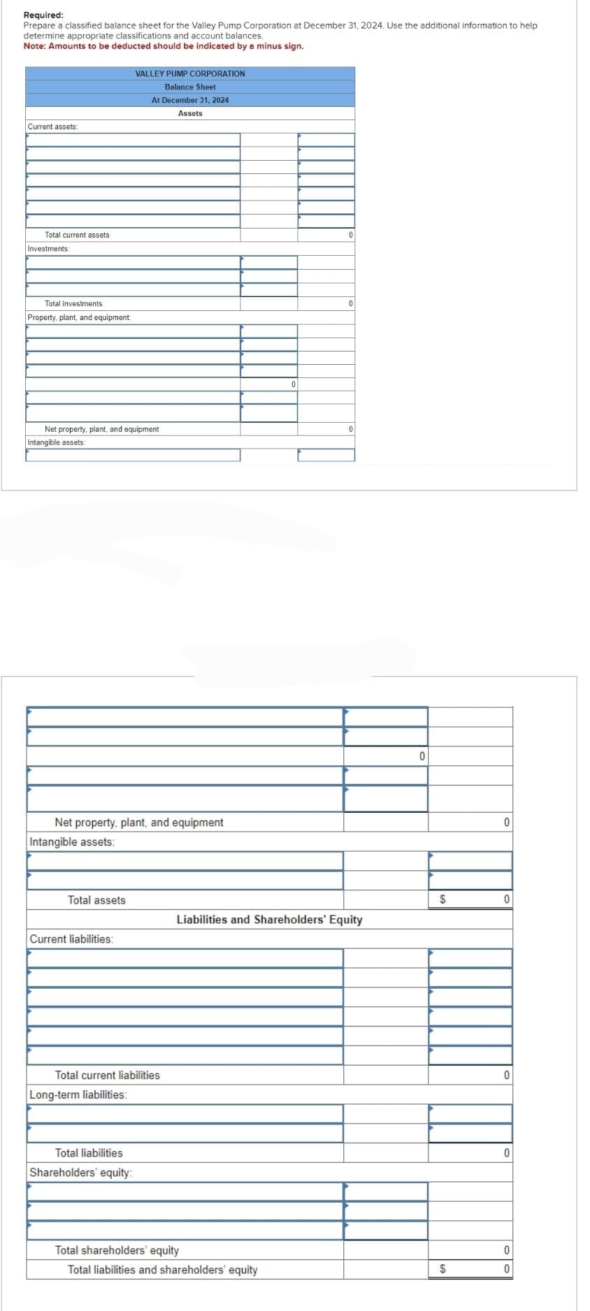 Required:
Prepare a classified balance sheet for the Valley Pump Corporation at December 31, 2024. Use the additional information to help
determine appropriate classifications and account balances.
Note: Amounts to be deducted should be indicated by a minus sign.
Current assets
Total current assets.
Investments:
Total investments
Property, plant, and equipment
Net property, plant, and equipment
Intangible assets:
Net property, plant, and equipment
Intangible assets:
Total assets
Current liabilities:
VALLEY PUMP CORPORATION
Balance Sheet
At December 31, 2024
Assets
Total current liabilities
Long-term liabilities:
Total liabilities
Shareholders' equity:
0
Total shareholders' equity
Total liabilities and shareholders' equity
0
Liabilities and Shareholders' Equity
0
$
0
0
0
0
0