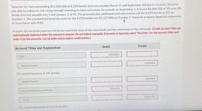 Tamarisk Inc. had outstanding $11,000,000 of 8.25% bonds (interest payable March 31 and September 30) due in 12 years. Tamarisk
was able to reduce its risk rating through investing in more real estate. As a result, on September 1, it issued $6,000,000 of 10-year, 6%
bonds (interest payable July 1 and January 1) at 96. The proceeds plus additional cash was used to call the 8.25% bonds at 105 on
October 1. The unamortized bond discount for the 8.25% bonds was $1,227,000 on October 1. Tamarisk prepares financial statements
in accordance with IFRS.
Prepare the necessary journal entries to record the issue of the new bonds and the retirement of the old bonds. (Credit account titles are
automatically indented when the amount is entered. Do not indent manually. If no entry is required, select "No Entry" for the account titles and
enter o for the amounts. List all debit entries before credit entries.)
Account Titles and Explanation
Cash
Bonds Payable
(To record issuance of 6% bonds)
Bonds Payable
Loss on Redemption of Bonds-
Cash
(To record retirement of 8.25% bonds)
Debit
11000000
2258250
Credit
11000000
12031250