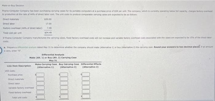 Make-or-Buy Decision
Pizena Computer Company has been purchesing carrying cases for its portable computers at a purchase price of $50 per unit. The company, which is currently operating below full capacity, charges factory overhead
to production at the rate of 44% of direct isbor cost. The unit costs to produce comparable carrying cases are expected to be as follows
Direct materials
$30.00
17.00
Direct labor
Factory overhead (44% of direct labor)
7.48
$54.40
Total cost per unit
If Pizans Computer Company manufactures the carrying cases, fixed factory overhead costs will not increase and variable factory overhead costs associated with the cases are expected to be 15% of the director
costs
a. Prepare a differential analysis dated May 31 to determine whether the company should make (Alternative 1) or buy (Acternative 2) the carrying case. Round your answers to two decimal places it an amount
is 2010, enter "0"
Line Item Description
Unit costs
Differential Analysis
Make (Alt. 1) or Buy (Alt. 2) Carrying Case
May 31
Purchase price
Direct materials
Direct laber
Variable factory overhead
Fixed factory overhead
Total unit costs
Make Carrying Case Buy Carrying Case
(Alternative 1) (Alternative 2)
Differential Effects
(Alternative 2)