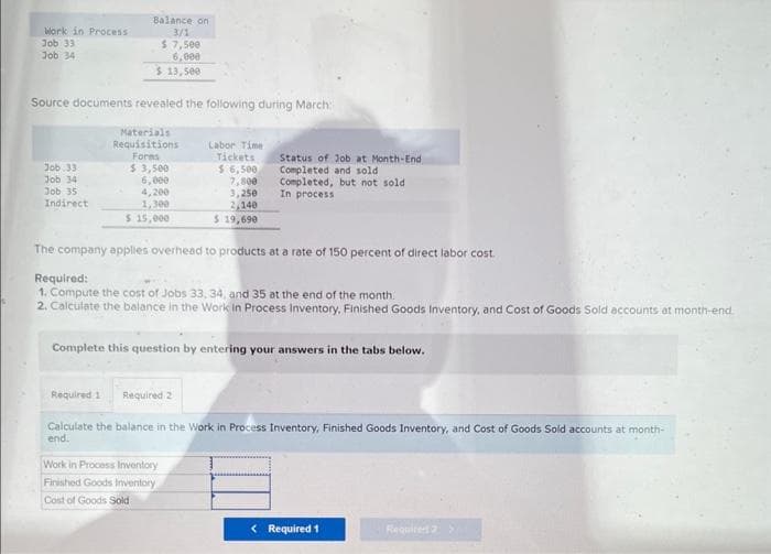 Work in Process
Job 33
Job 34
Balance on
3/1
$ 7,500
6,000
$ 13,500
Source documents revealed the following during March:
Materials
Requisitions
Forms
Job.33
Job 34
Job 35
Indirect
$ 3,500
6,000
4,200
1,300
$ 15,000
Labor Time
Tickets
$6,500
7,800
3,250
2,140
$ 19,690
The company applies overhead to products at a rate of 150 percent of direct labor cost.
Status of Job at Month-End
Completed and sold
Completed, but not sold
In process
Required:
1. Compute the cost of Jobs 33, 34, and 35 at the end of the month.
2. Calculate the balance in the Work In Process Inventory, Finished Goods Inventory, and Cost of Goods Sold accounts at month-end
Required 2
Complete this question by entering your answers in the tabs below.
Work in Process Inventory
Finished Goods Inventory
Cost of Goods Sold
Required 1
Calculate the balance in the Work in Process Inventory, Finished Goods Inventory, and Cost of Goods Sold accounts at month-
end.
< Required 1
Required 2