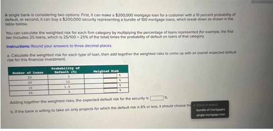 A single bank is considering two options: First, it can make a $200,000 mortgage loan for a customer with a 10 percent probability of
default, or second, it can buy a $200,000 security representing a bundle of 100 mortgage loans, which break down as shown in the
table below.
You can calculate the weighted risk for each firm category by multiplying the percentage of loans represented (for example, the first
tier includes 25 loans, which is 25/100 = 25% of the total) times the probability of default on loans of that category.
Instructions: Round your answers to three decimal places.
a. Calculate the weighted risk for each type of loan, then add together the weighted risks to come up with an overall expected default
risk for this financial investment.
Number of Loans
25
25
15
35
Probability of
Default (1)
12
1.5
5
Weighted Risk
Adding together the weighted risks, the expected default risk for the security is:
b. If the bank is willing to take on only projects for which the default risk is 6% or less, it should choose the✔ Click to select)
bundle of mortgages
single mortgage loan